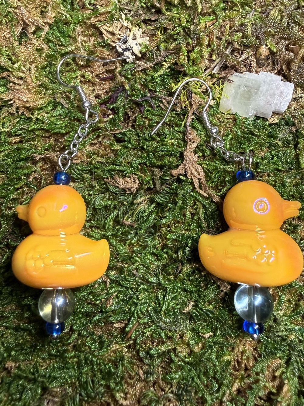 dmade Iridescent Yellow Acrylic Rubber Duck Dangle Earrings Blue Bead Accent⁠